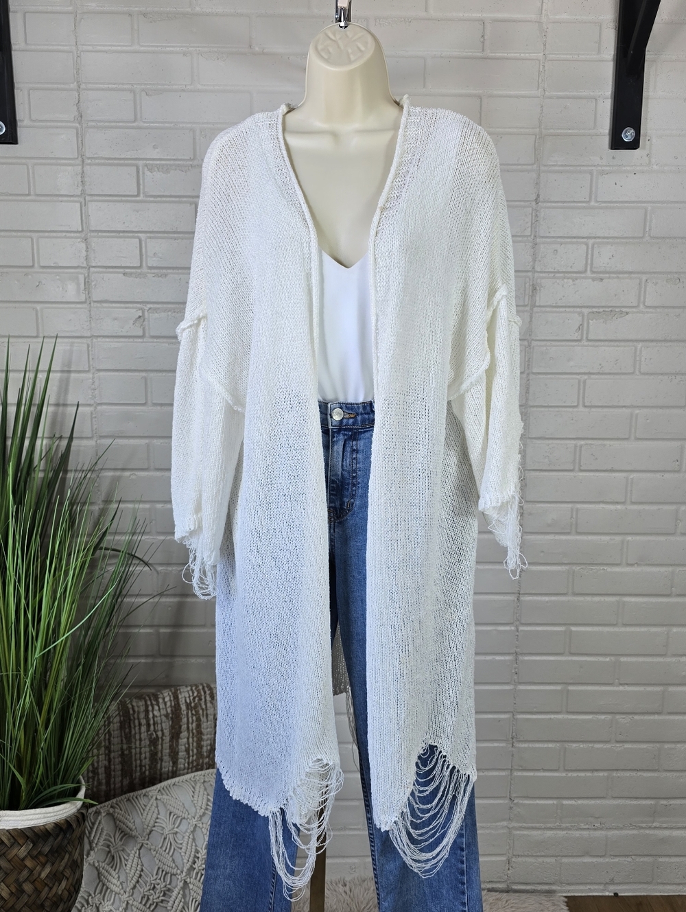 POL White Open Front Distressed Knit Duster Cardigan Oversized Large